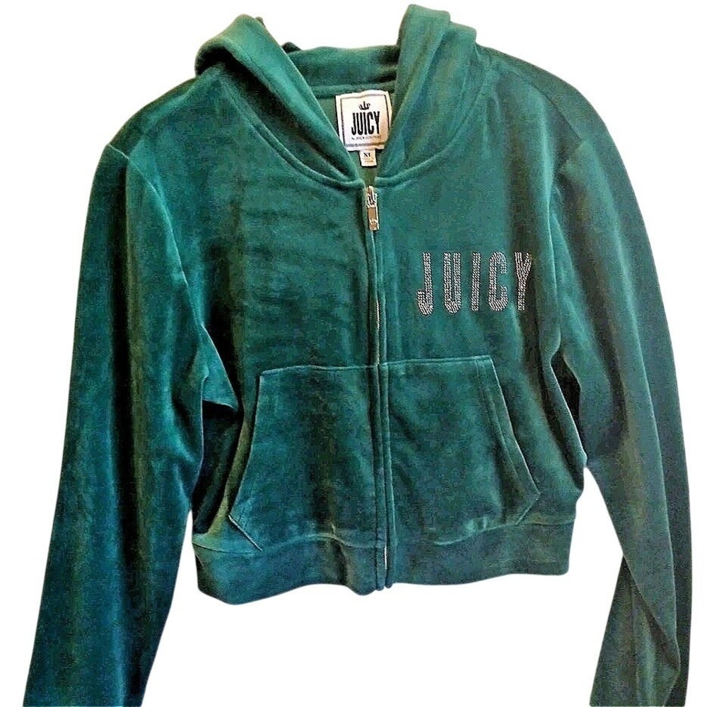 Juicy Couture Hoodie Womens XL Green Velour Rhinestone Logo Cropped Y2K